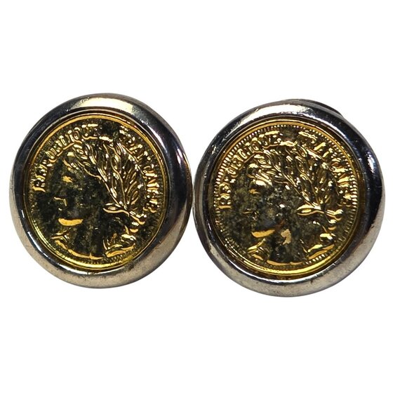 Vintage Earrings Clip On French Republic Coin Medallion Jewelry Parisian Chic - Picture 1 of 8